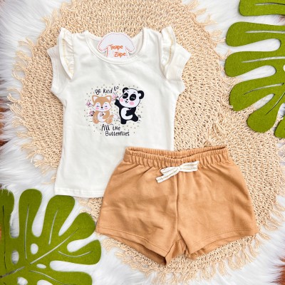 Conj. Blusa Raposinha com Panda e Bermuda - Off White e Cappuccino